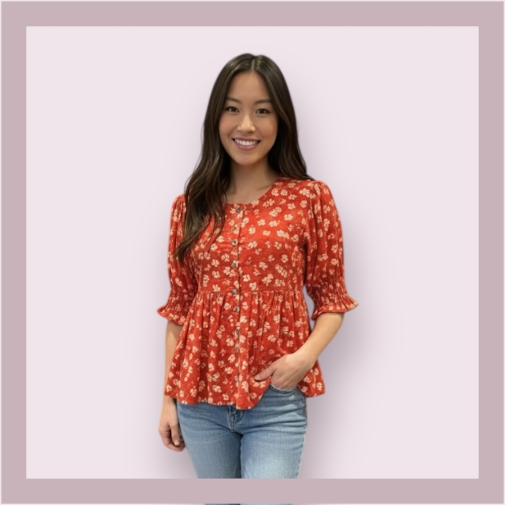 Madewell Puff-Sleeve Button-Front Top in Swiss Dot Happy Hibiscus